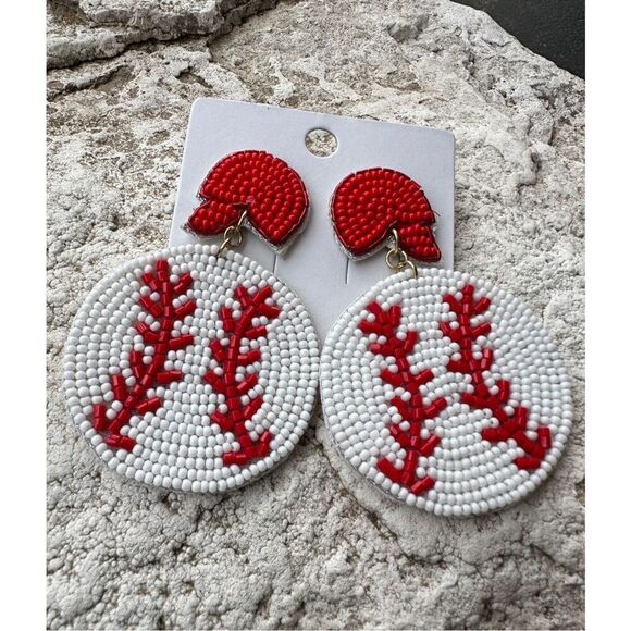 Baseball Earrings Sports Mom Seed Beads Red White - Picture 1 of 3